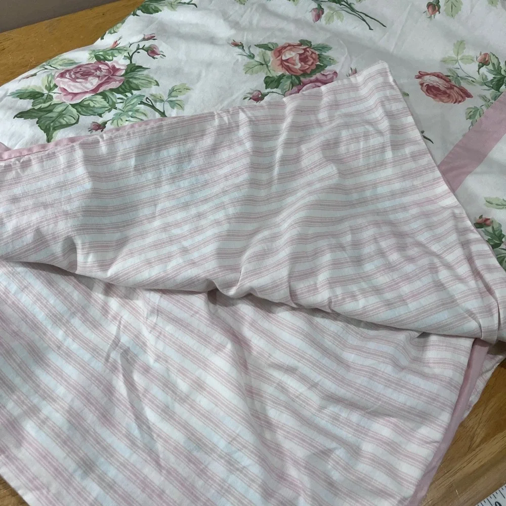 Vtg Laura Ashley Twin Duvet Cover Pink Cabbage Rose Floral Ticking Stripe Rev
